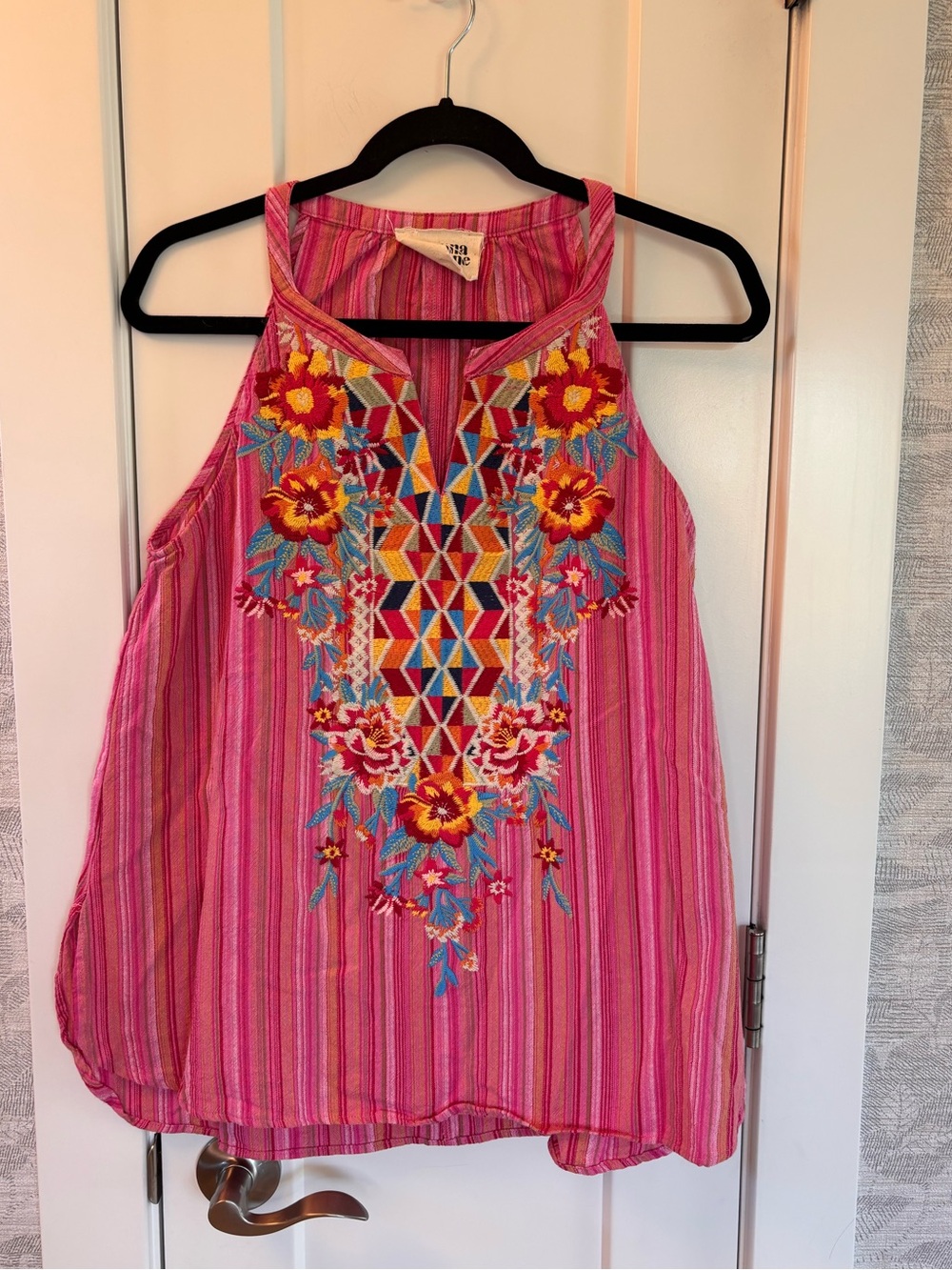 Savannah Jane  Pink Boho Embroidered Floral Tank Top Flowy Hippie L